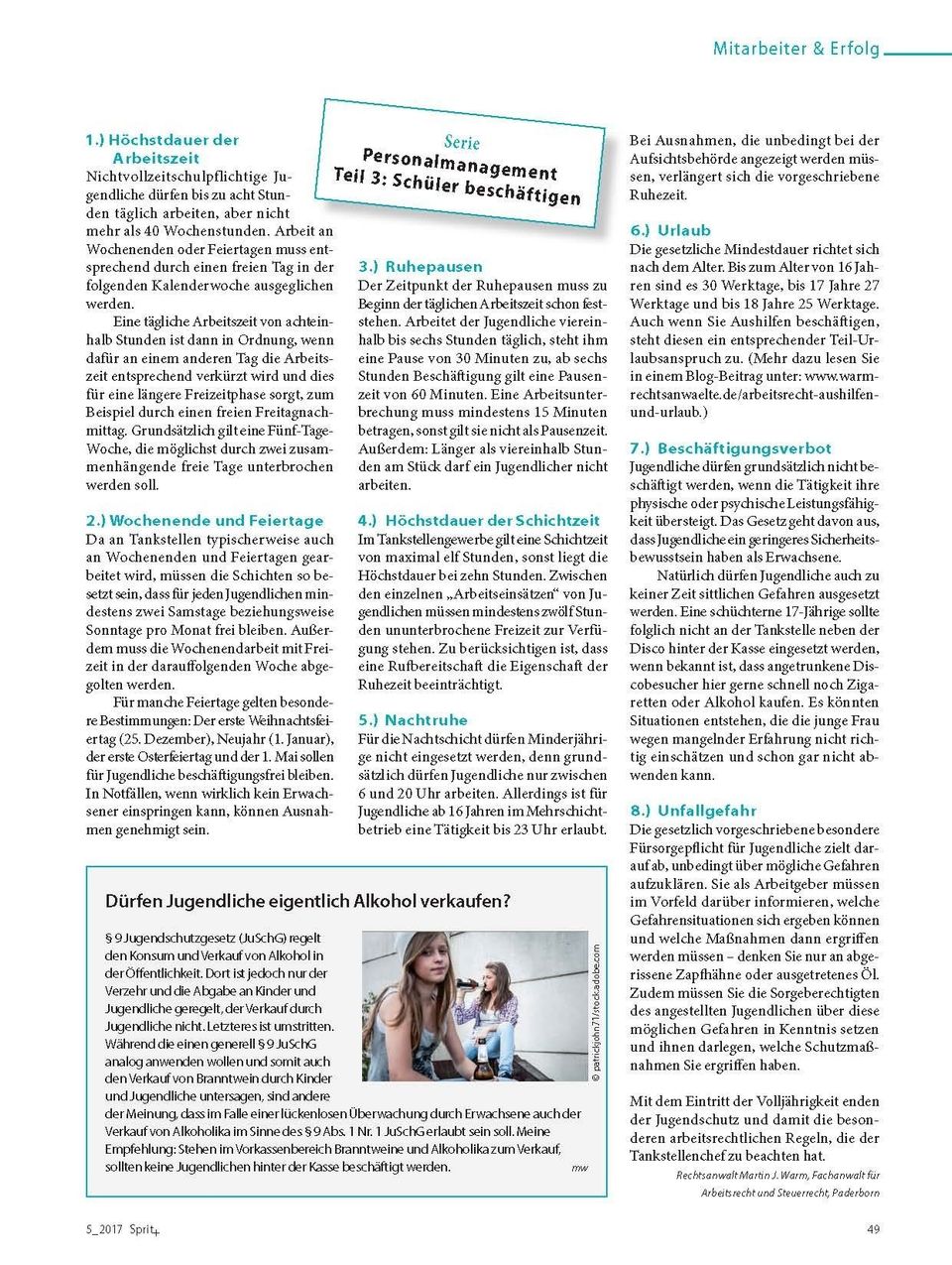 sprit + Serie Personalmanagement Teil 3 „Beschäftigung von Schülern“ Rechtsanwalt Warm Paderborn Arbeitsrecht